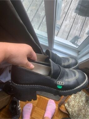 Kickers Black Leather Platform Penny Loafers